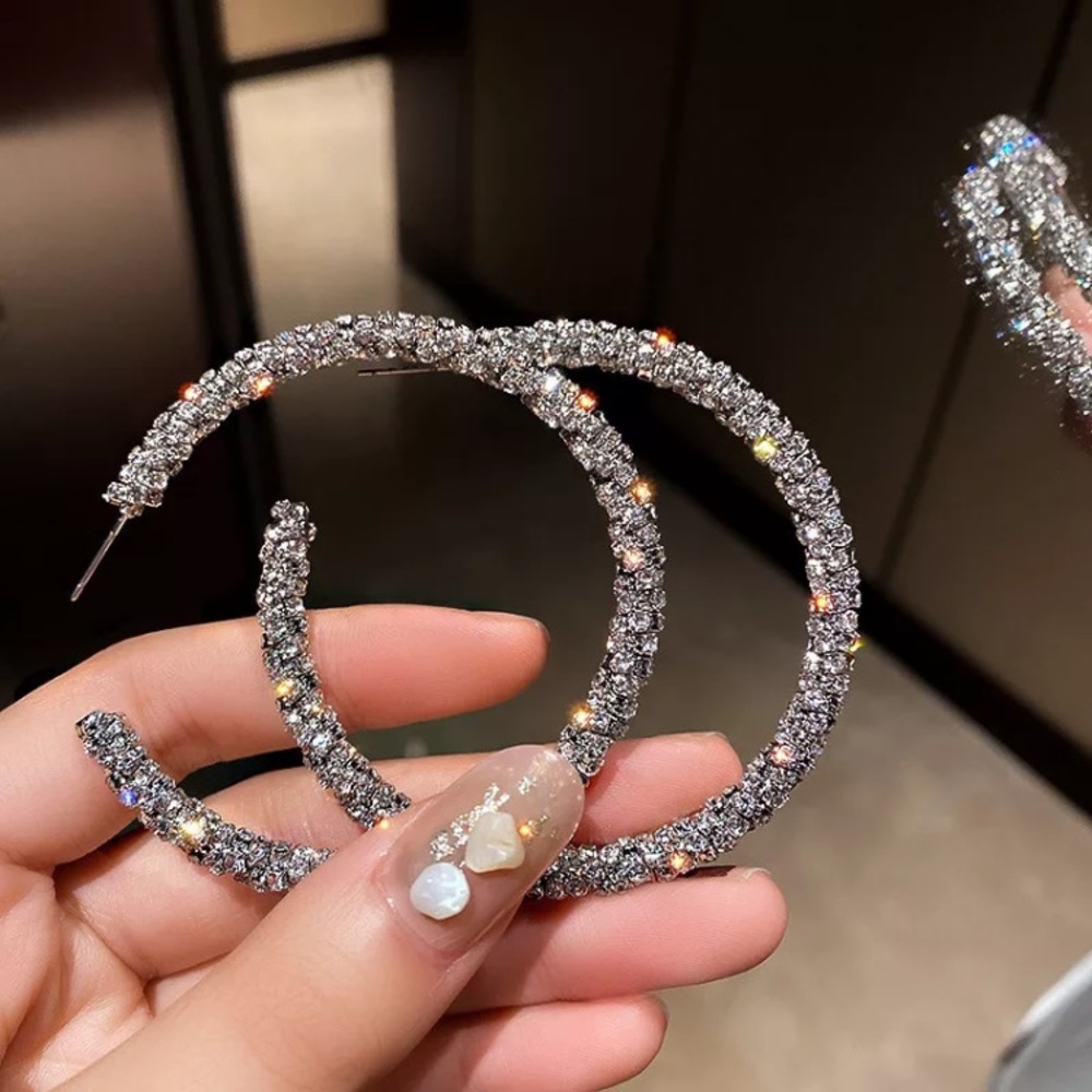 🌟 Gorgeous Rhinestone Silver Hoop Earrings